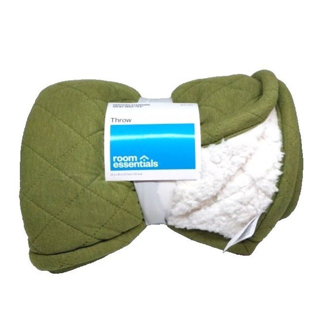 Quilted Jersey Throw Blanket with Faux Shearling Reverse Heathered, Olive 50x60